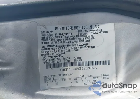 2003 Mercury Sable Gs from USA, damaged, VIN 1MEFM50U43G619368